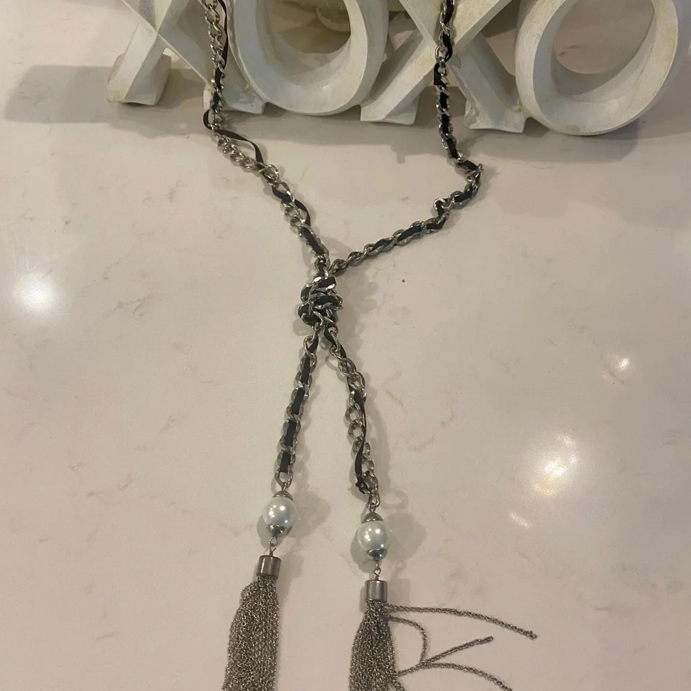 WHITE HOUSE BLACK MARKET Chain Ribbon Tassle Necklace | EUC | MSRP $149